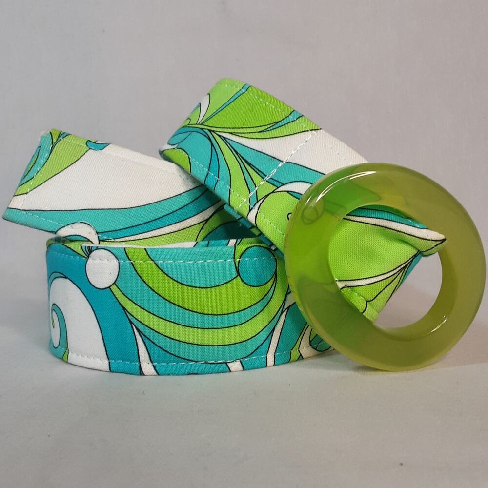 💎Womens Green Floral Fabric Belt Lg Waist Clear Acrylic Lucite Prongless Buckle